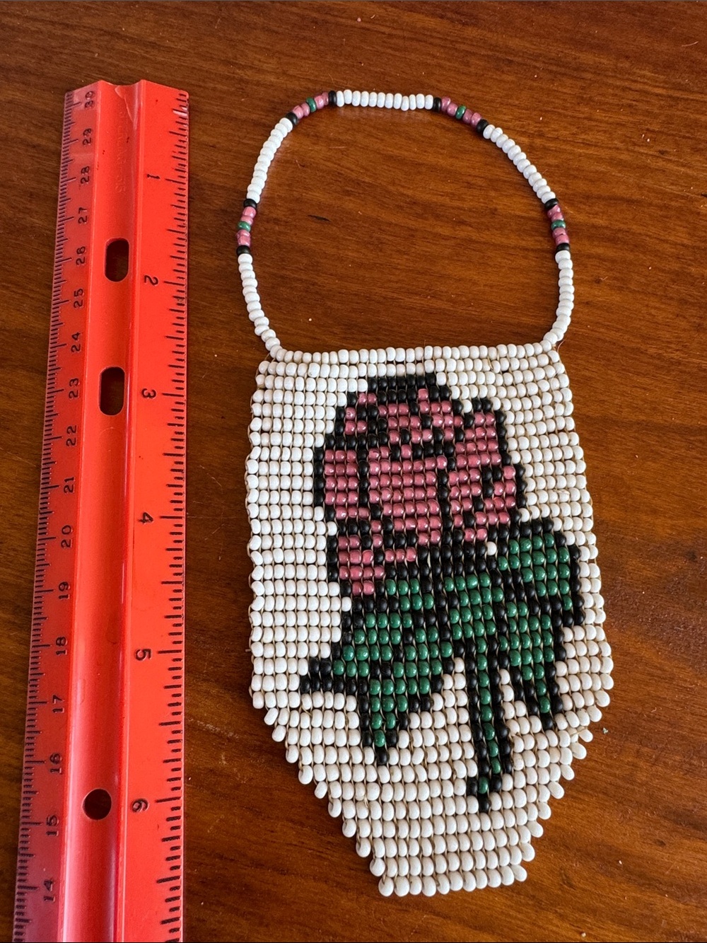 Hand-Beaded Rose Tapestry Wall Accent — White, Pink & Green